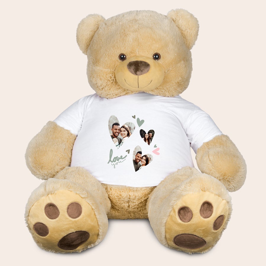 Large personalized plush teddy bear shown with an example Giftaty design
