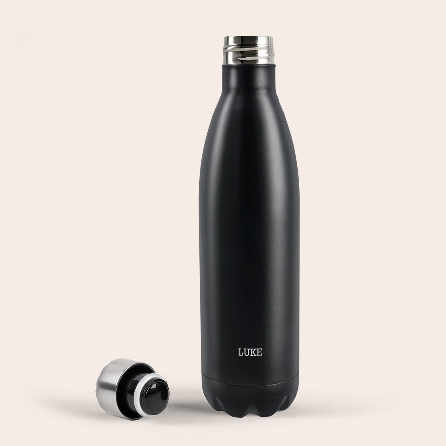 Personalized laser engraved black thermos flask gift by Giftaty, design example
