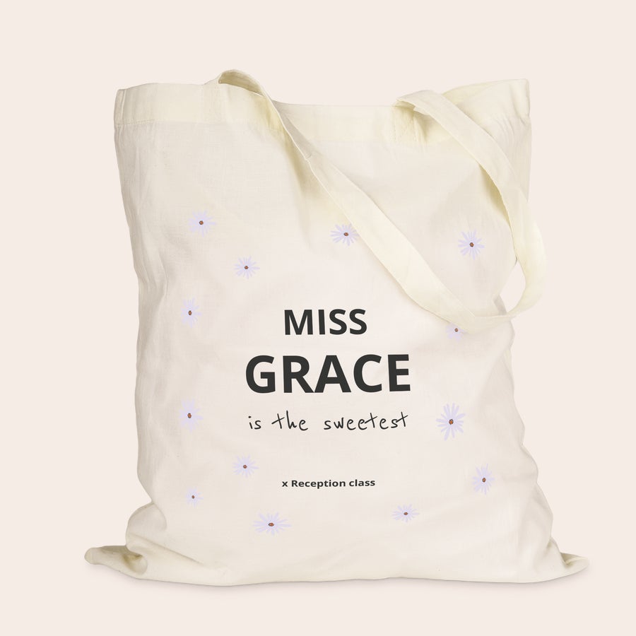 Natural cream cotton tote bag, another example design, customized with a name, photo or logo print