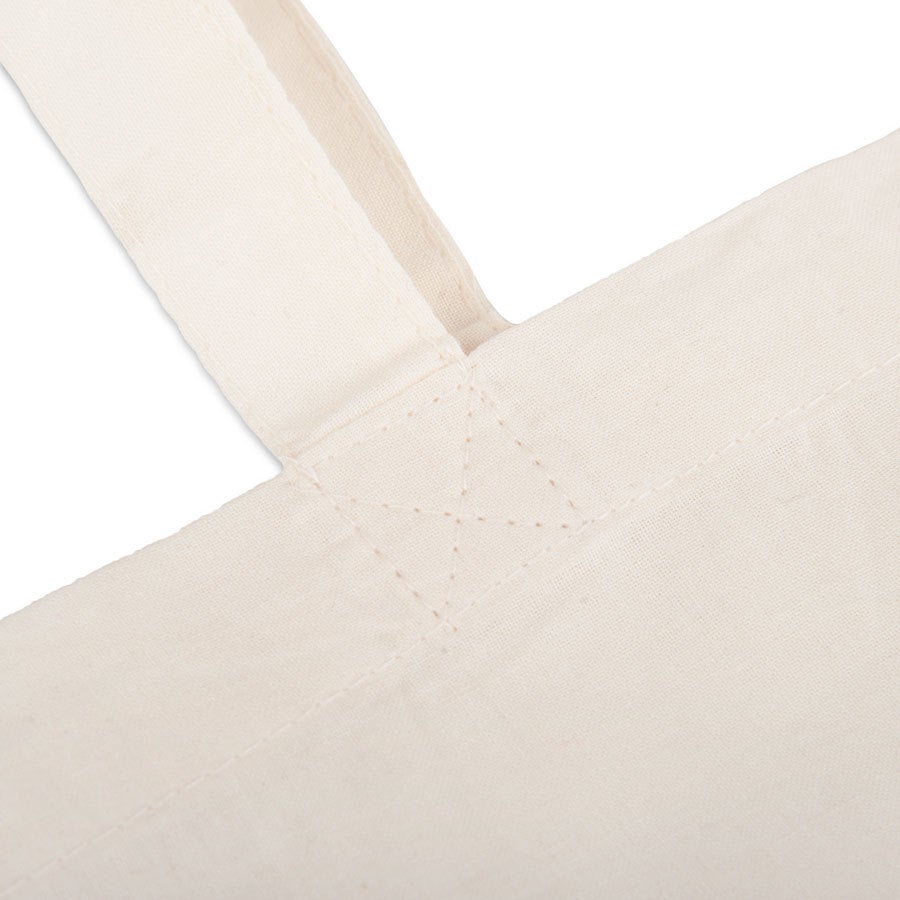 Natural cream cotton tote bag, close-up detail, customized with a name, photo or logo print