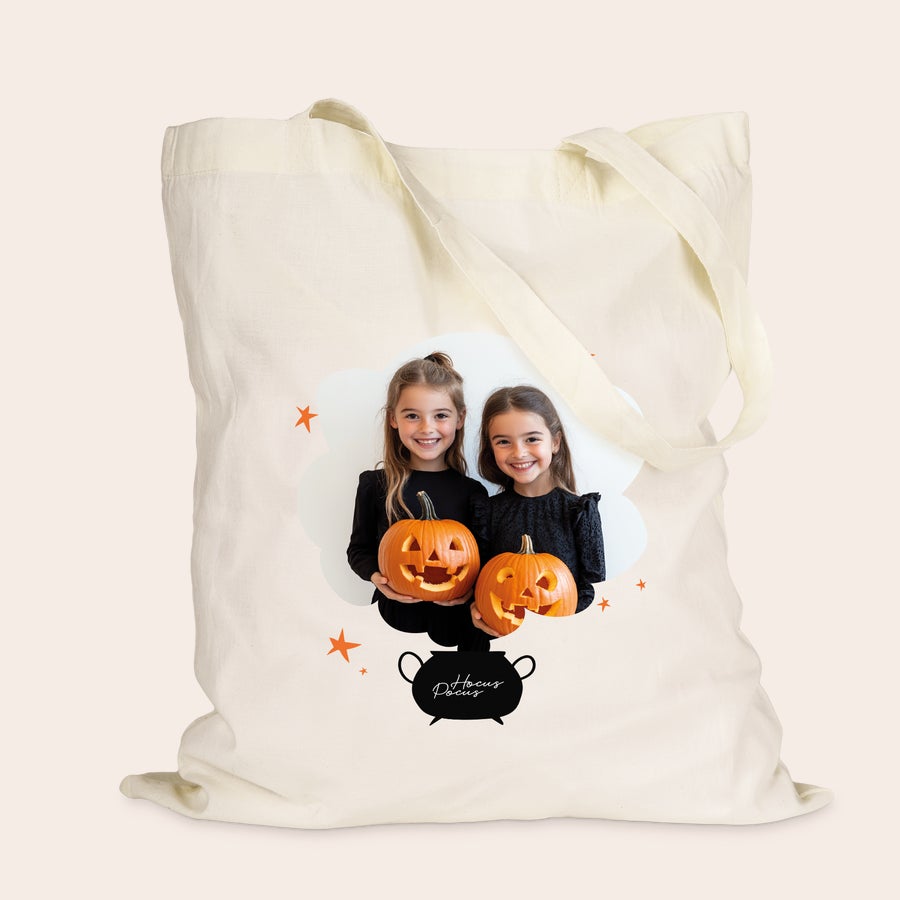 Natural cream cotton tote bag, with a different personalization example, customized with a name, photo or logo print