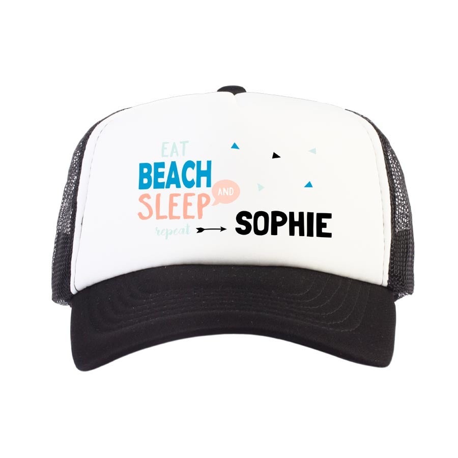 Black and white customized trucker cap with a full-colour front print