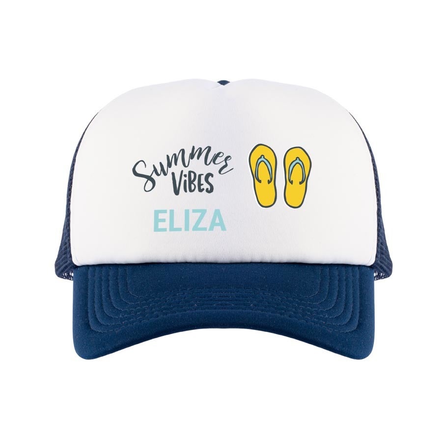 Customized blue and white trucker cap with a custom printed design