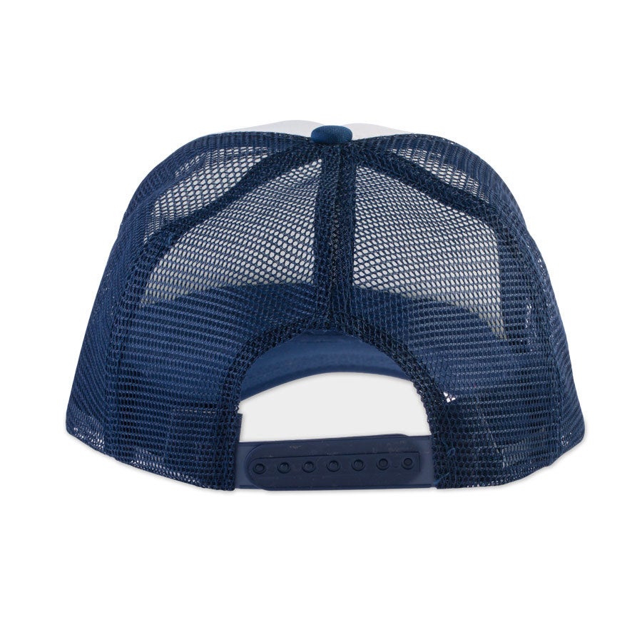 Blue and white personalized trucker cap side view with snap closure