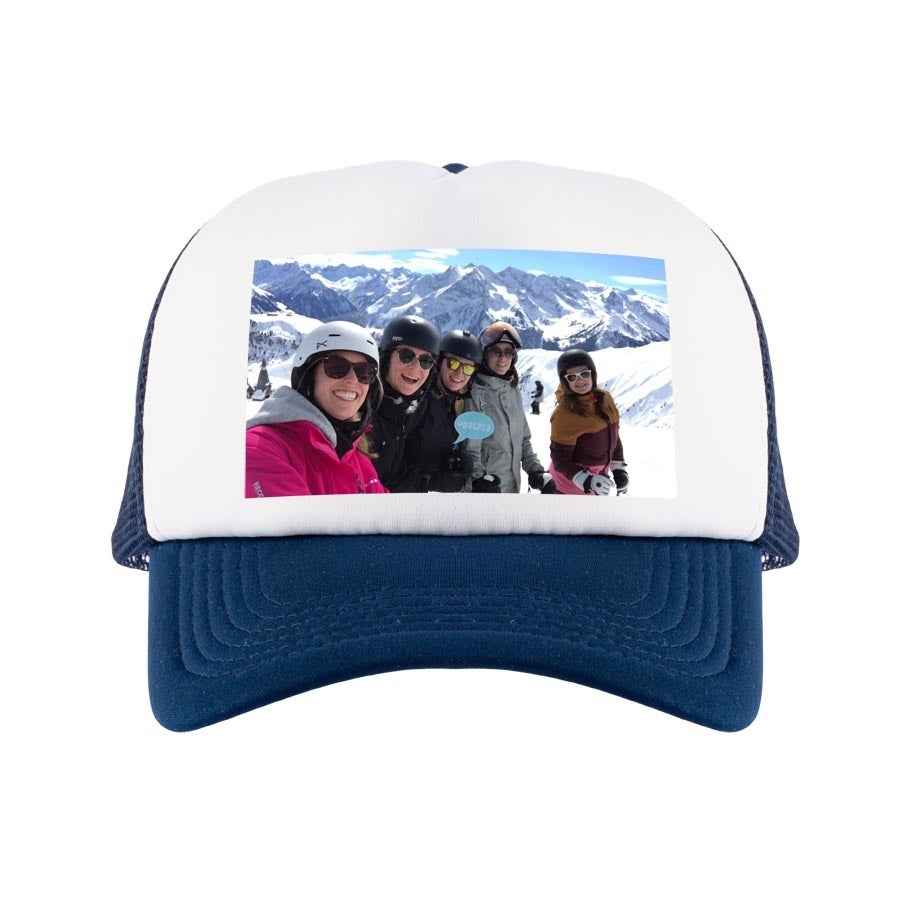 Blue and white customized cap example design by Giftaty