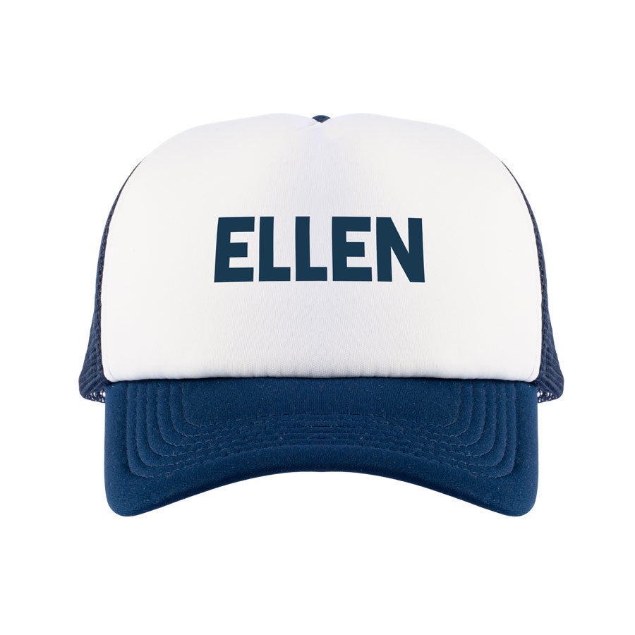 Personalized blue and white trucker cap worn as a casual gift