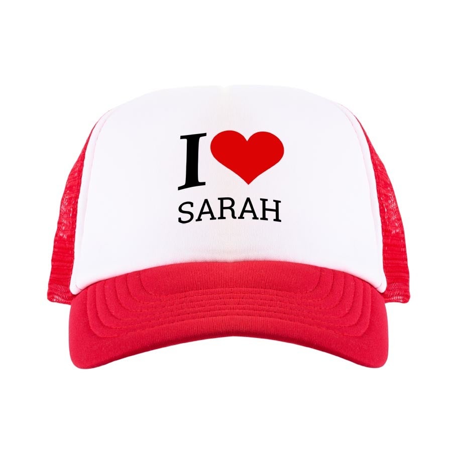 Red and white personalized trucker cap shown from another angle