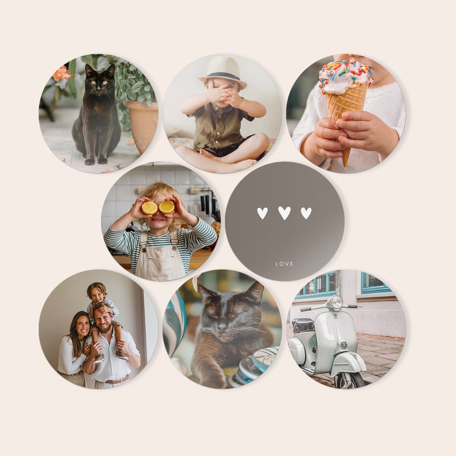 Personalized round photo panels with glossy finish, example design
