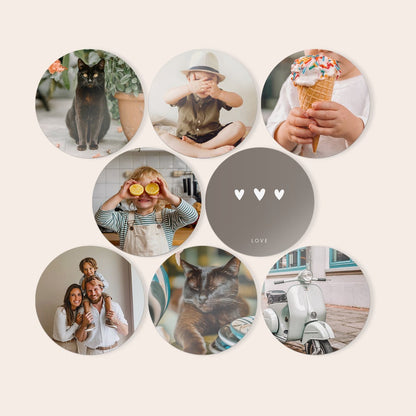 Personalized round photo panels with glossy finish, example design
