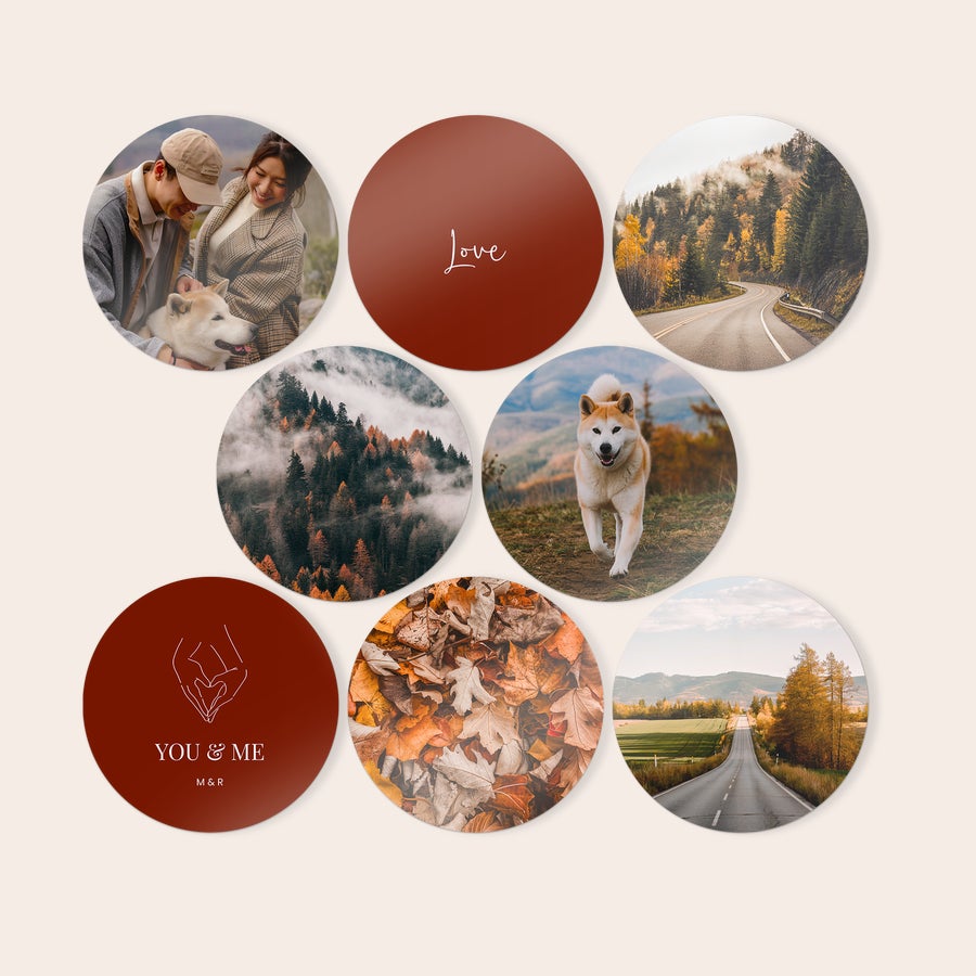 Round photo wall panels with personal pictures, detail view