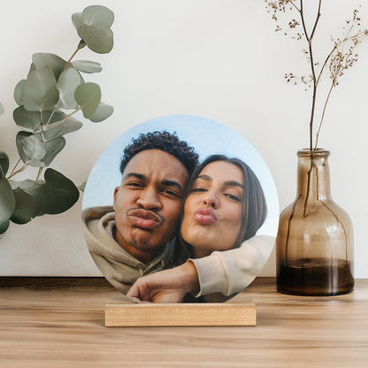 Round personalized photo tile with stand, custom photo gift