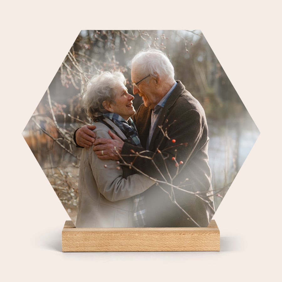 Custom printed photo tile on its stand, alternate view