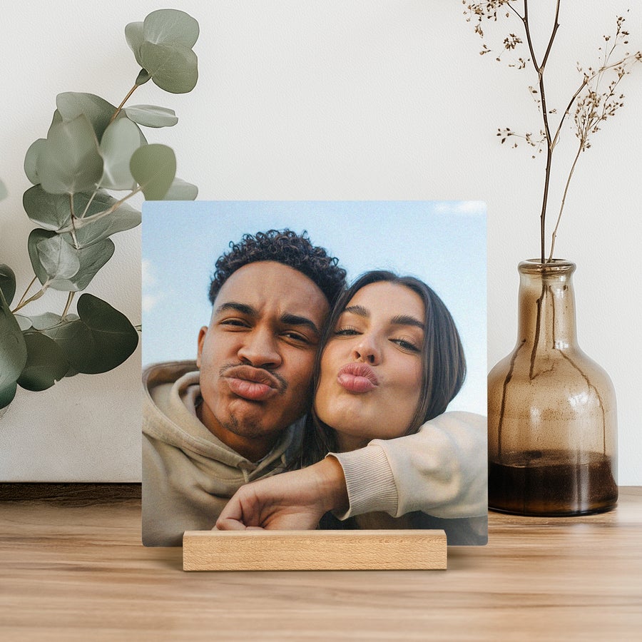 Personalized photo tile with stand, example design