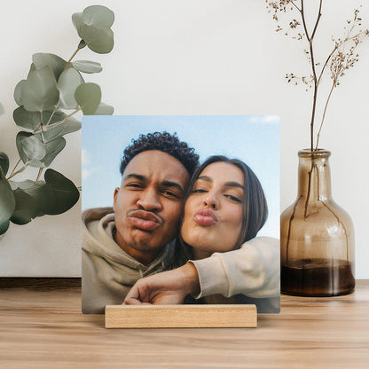Personalized photo tile with stand, example design